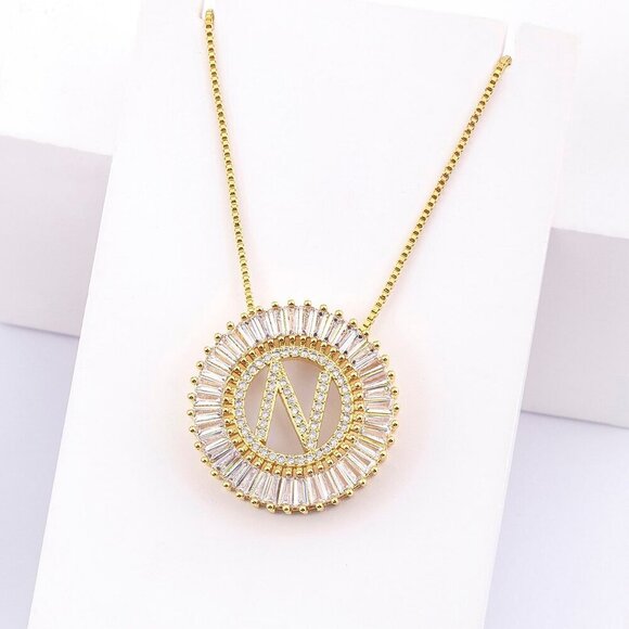 Yellow Gold Women's Large Letter Detail Cubic Zirconia Round Charm Necklace - Picture 9 of 11